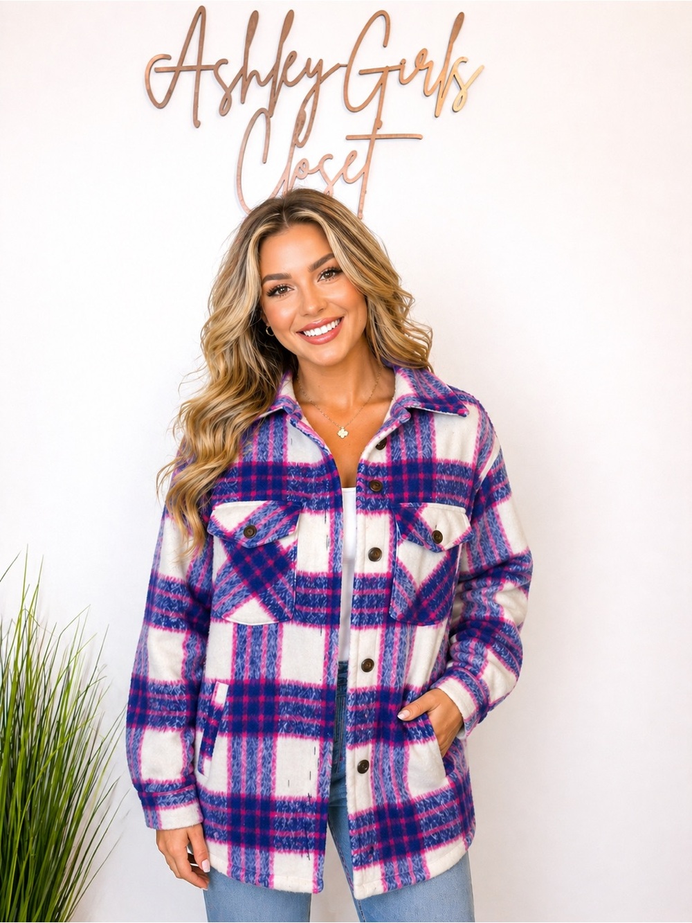 Madden NYC Plaid Shacket – Pink & Navy Oversized Button-Up Jacket (Size M)